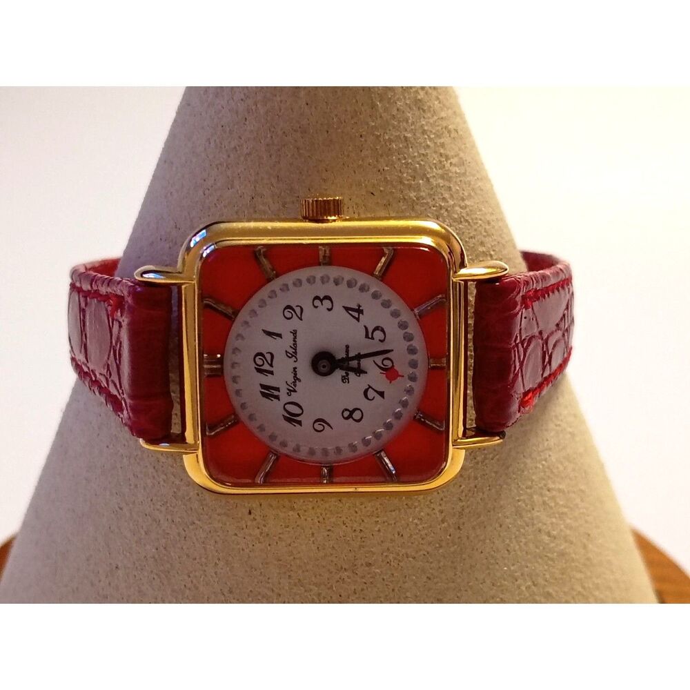 Virgin Islands De Luxe Bold Red Dial Gold-Tone Square Case Dancing Wristwatch